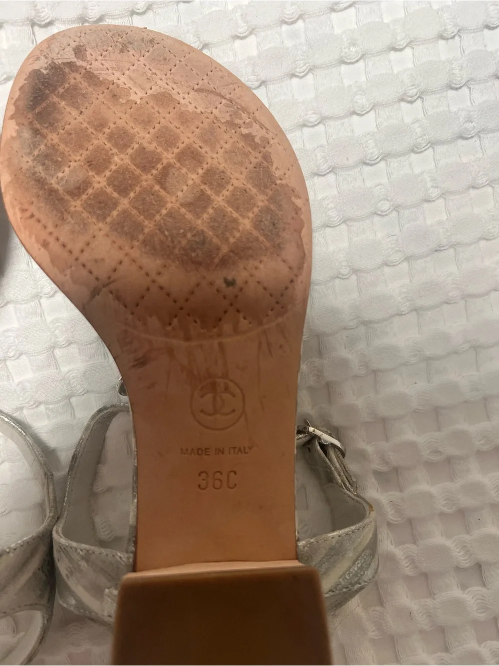CHANEL White Silver Jeweled CC Logo Heeled Thong Sandals